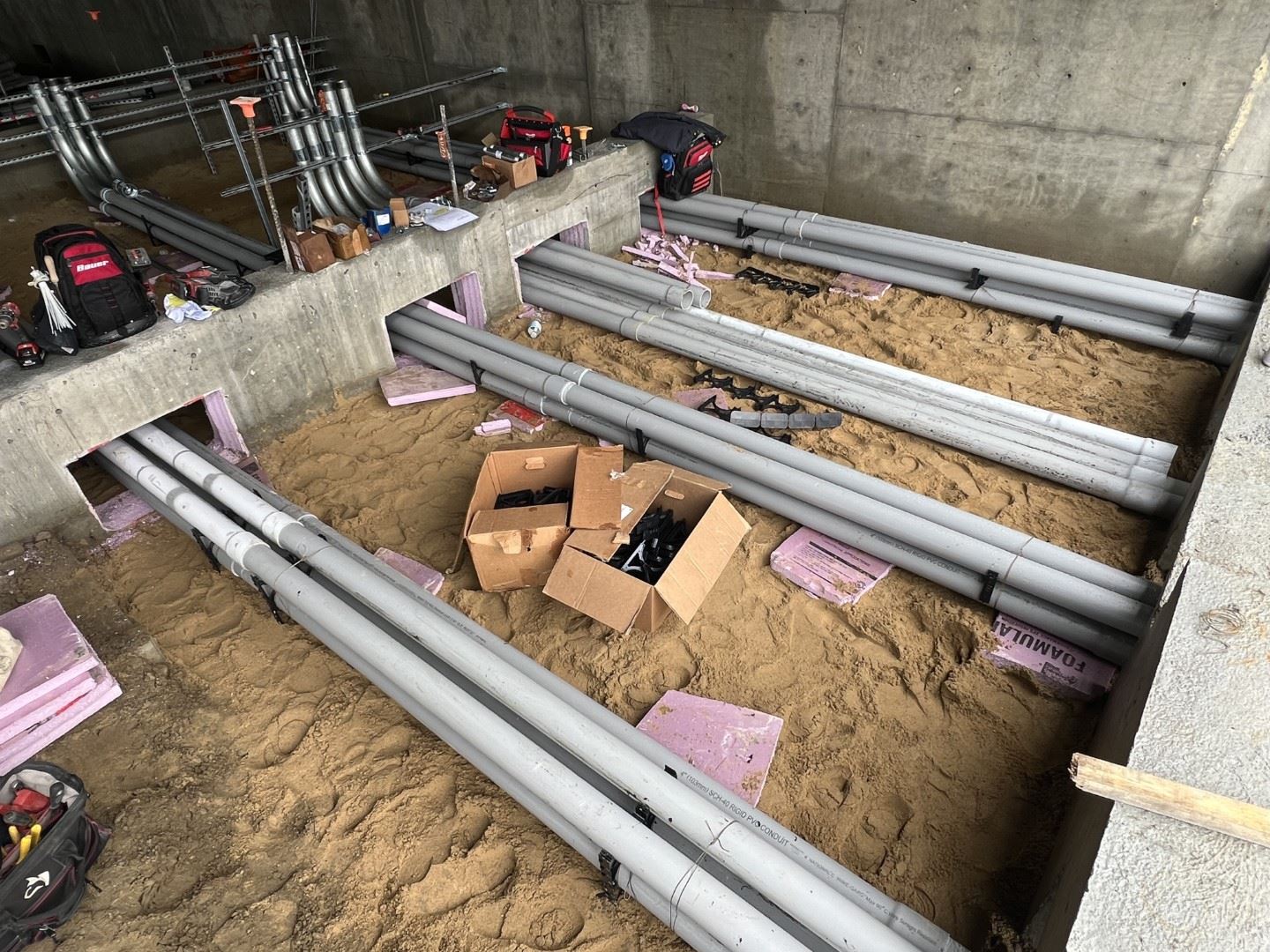 Underground under slab plumbing and electrical piping inside